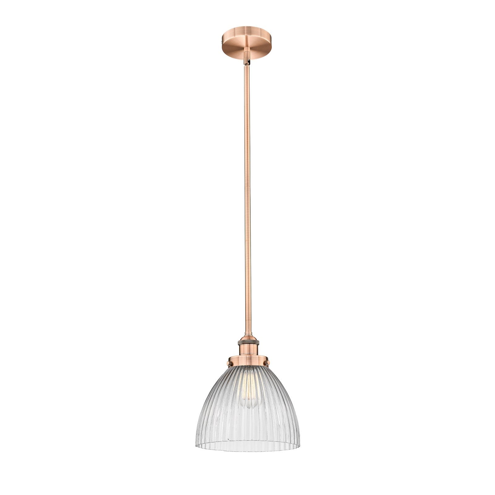 Innovations Seneca Falls 9.5in 1-Light Mini Pendant | Industrial Antique Copper Steel and Clear Halophane Glass | Kitchen | Model 616-1SH-AC-G222-LED