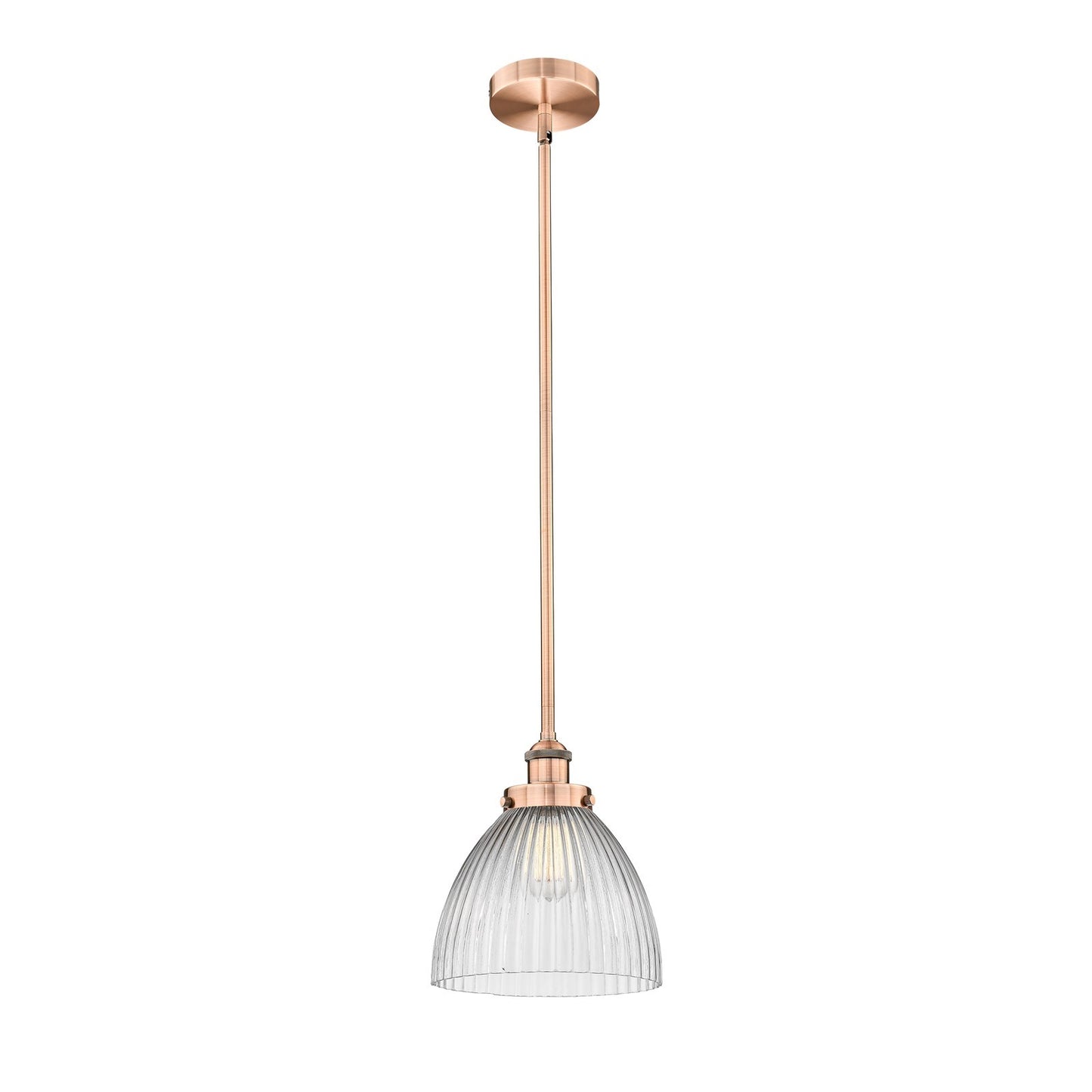 Innovations Seneca Falls 9.5in 1-Light Mini Pendant | Industrial Antique Copper Steel and Clear Halophane Glass | Kitchen | Model 616-1SH-AC-G222-LED