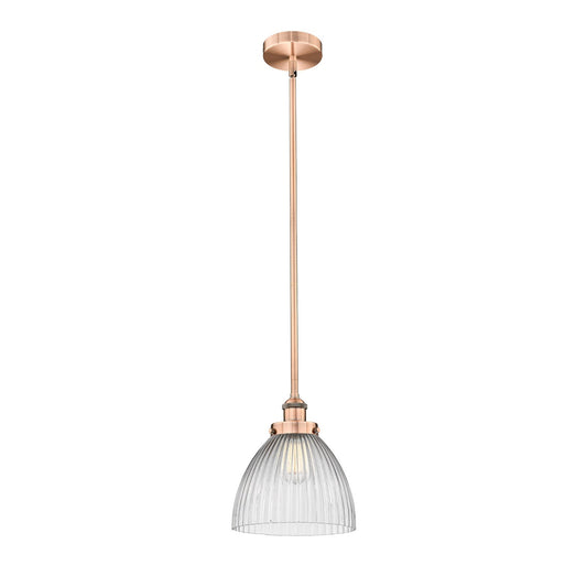 Innovations Seneca Falls 9.5in 1-Light Mini Pendant | Industrial Antique Copper Steel and Clear Halophane Glass | Kitchen | Model 616-1SH-AC-G222-LED