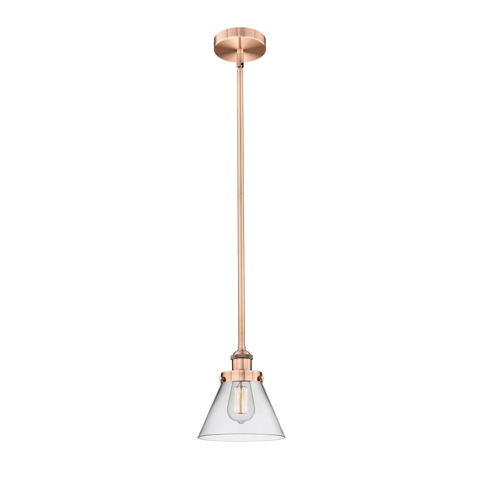 Innovations Cone 8in 1-Light Mini Pendant | Industrial Antique Copper Steel and Clear Glass | Kitchen Island & Dining Room | Model 616-1SH-AC-G42-LED