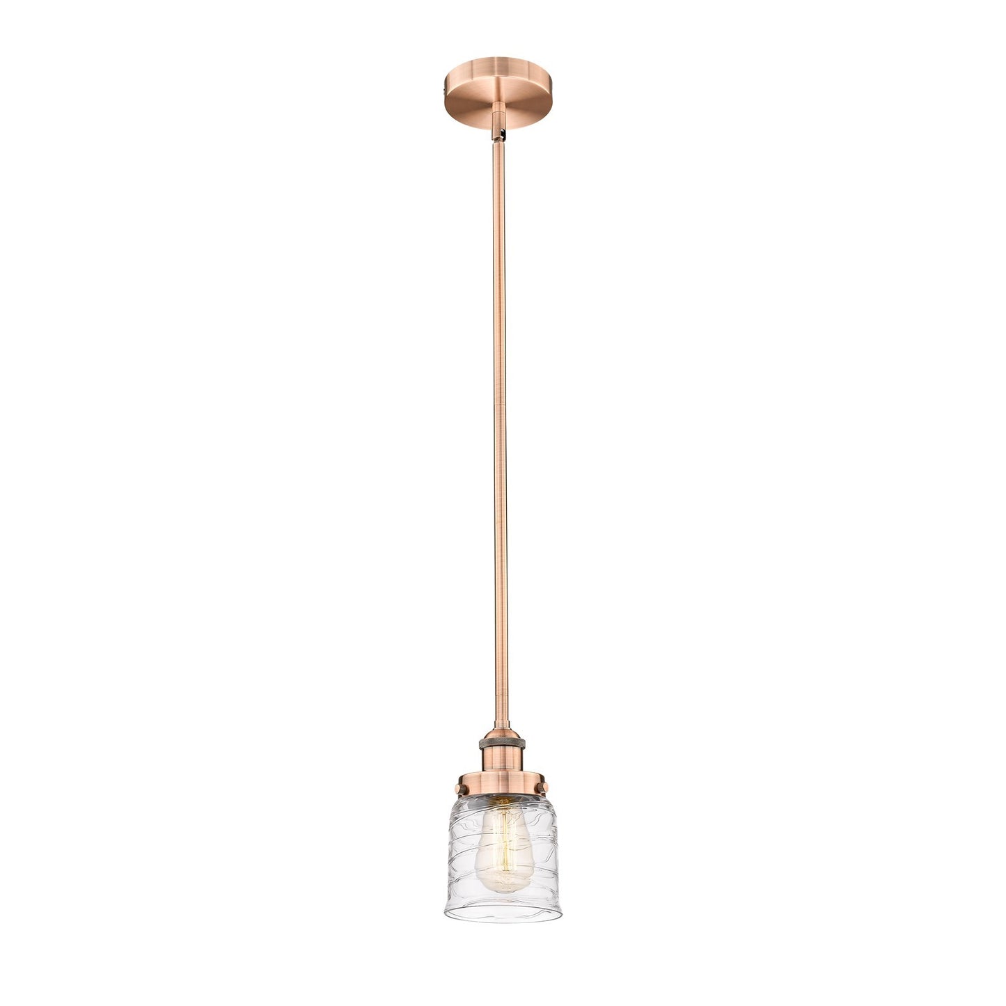 Innovations Bell 5in 1-Light Mini Pendant | Industrial Antique Copper Steel and Clear Deco Swirl Glass | Kitchen Island & | Model 616-1SH-AC-G513-LED