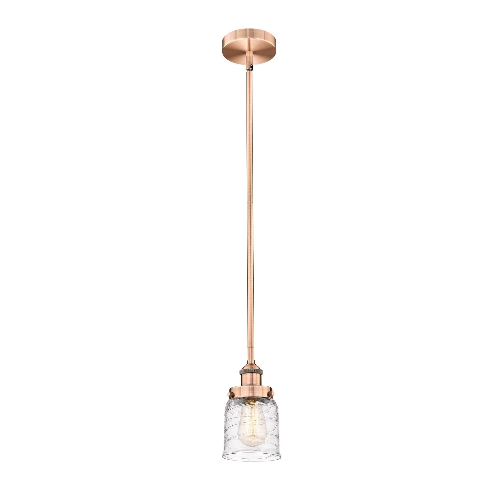 Innovations Bell 5in 1-Light Mini Pendant | Industrial Antique Copper Steel and Clear Deco Swirl Glass | Kitchen Island & | Model 616-1SH-AC-G513-LED