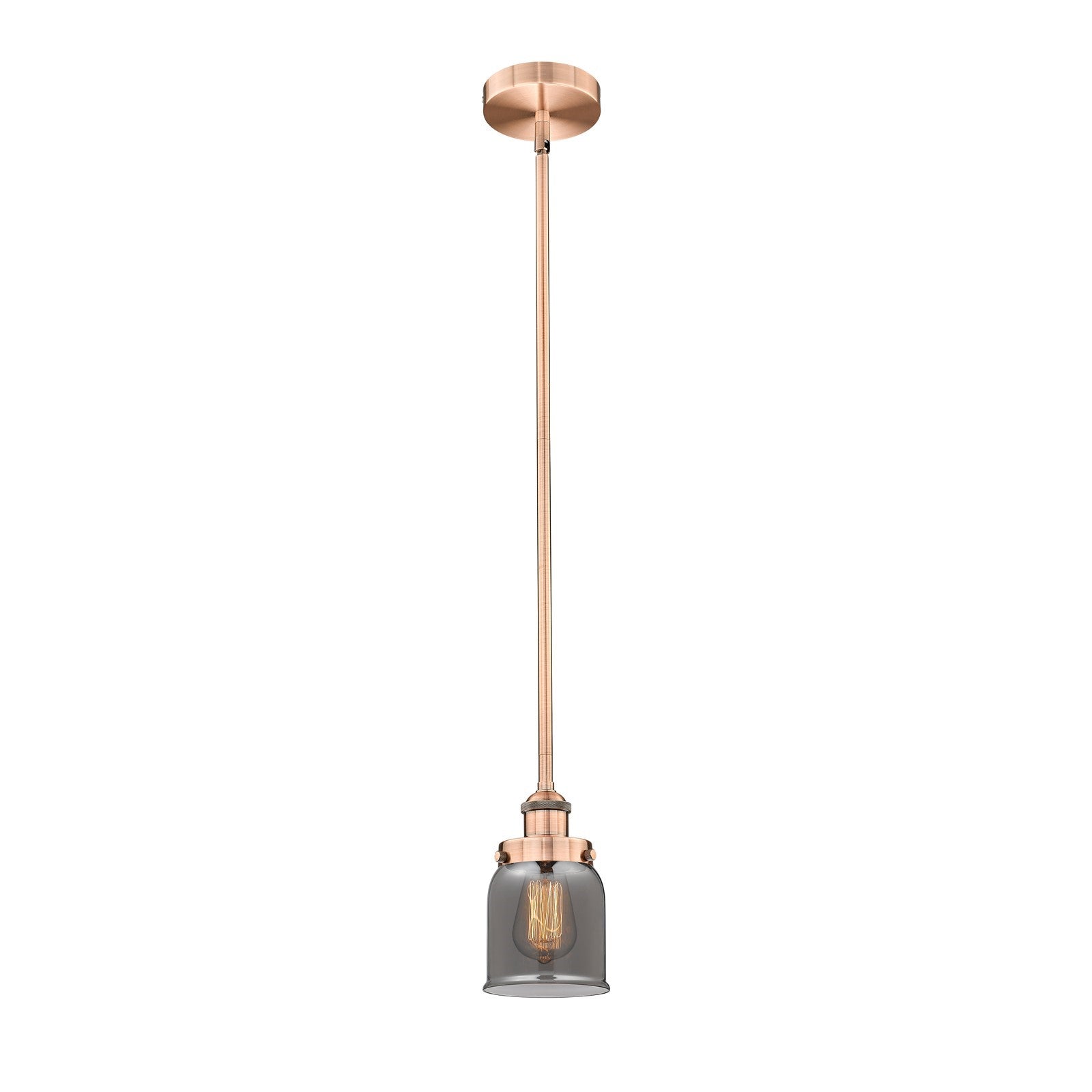 Innovations Bell 5in 1-Light Mini Pendant | Industrial Farmhouse Antique Copper Steel and Light Smoke Glass | Kitchen Island & | Model 616-1SH-AC-G53