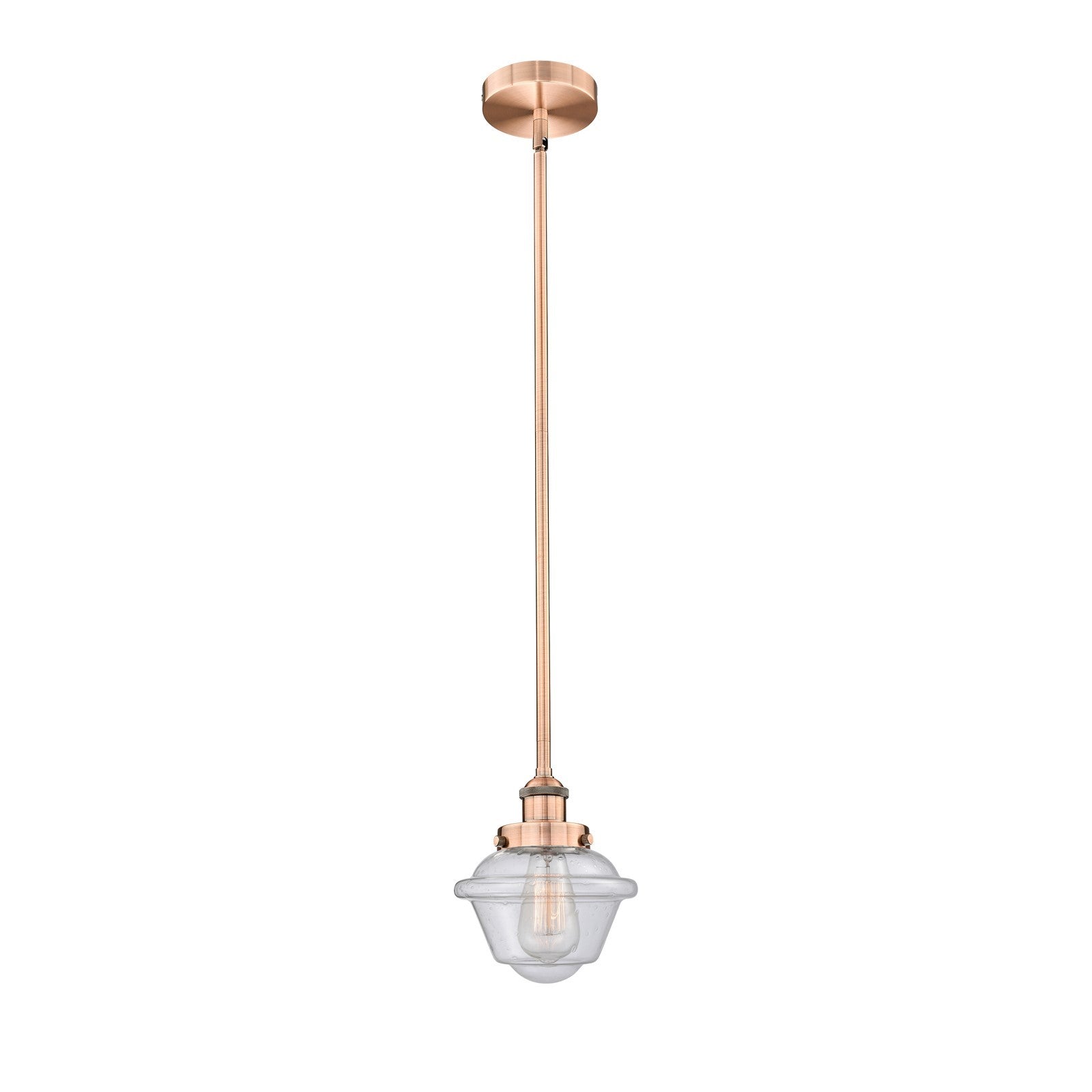 Innovations Oxford 7.25in 1-Light Mini Pendant | Traditional Antique Copper Steel and Seedy Schoolhouse Glass | Kitchen Island | Model 616-1SH-AC-G534-LED