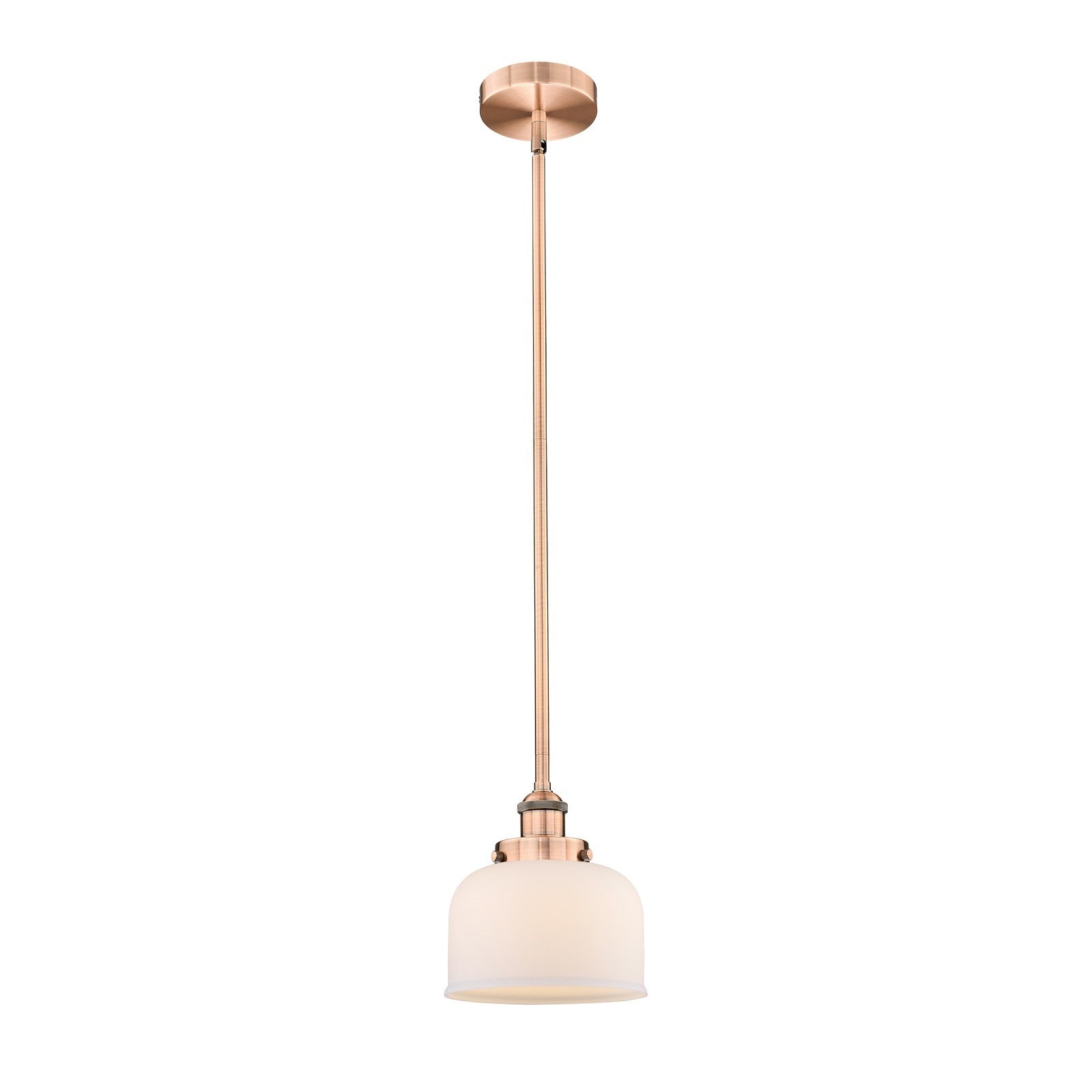 Innovations Bell 8in 1-Light Mini Pendant | Industrial Antique Copper Steel and Matte White Frosted Glass | Kitchen Island & | Model 616-1SH-AC-G71-LED