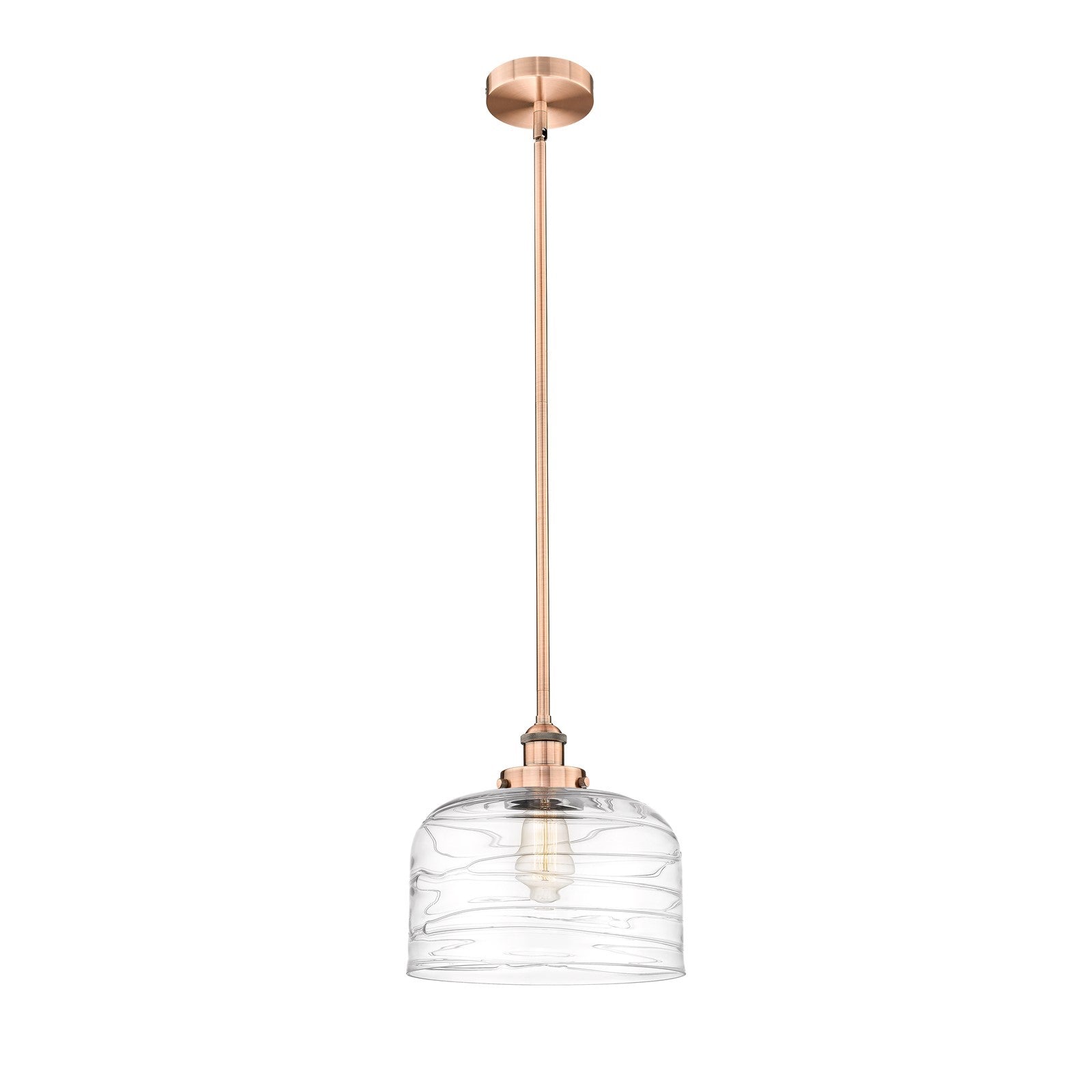 Innovations Bell 12in 1-Light Mini Pendant | Industrial Antique Copper and Clear Deco Swirl Glass | Kitchen Island & Dining | Model 616-1SH-AC-G713-L-LED