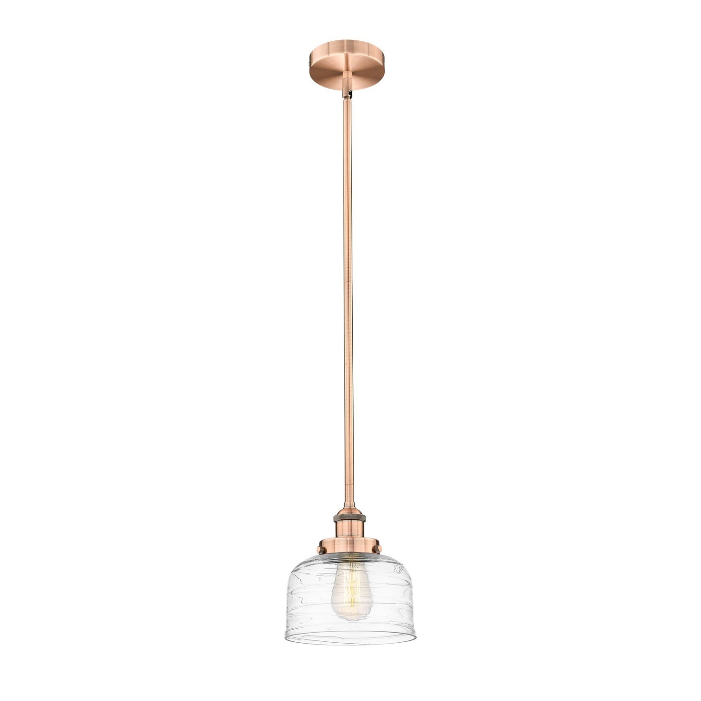 Innovations Bell 8in 1-Light Mini Pendant | Industrial Antique Copper Steel and Clear Deco Swirl Glass | Kitchen Island & | Model 616-1SH-AC-G713-LED
