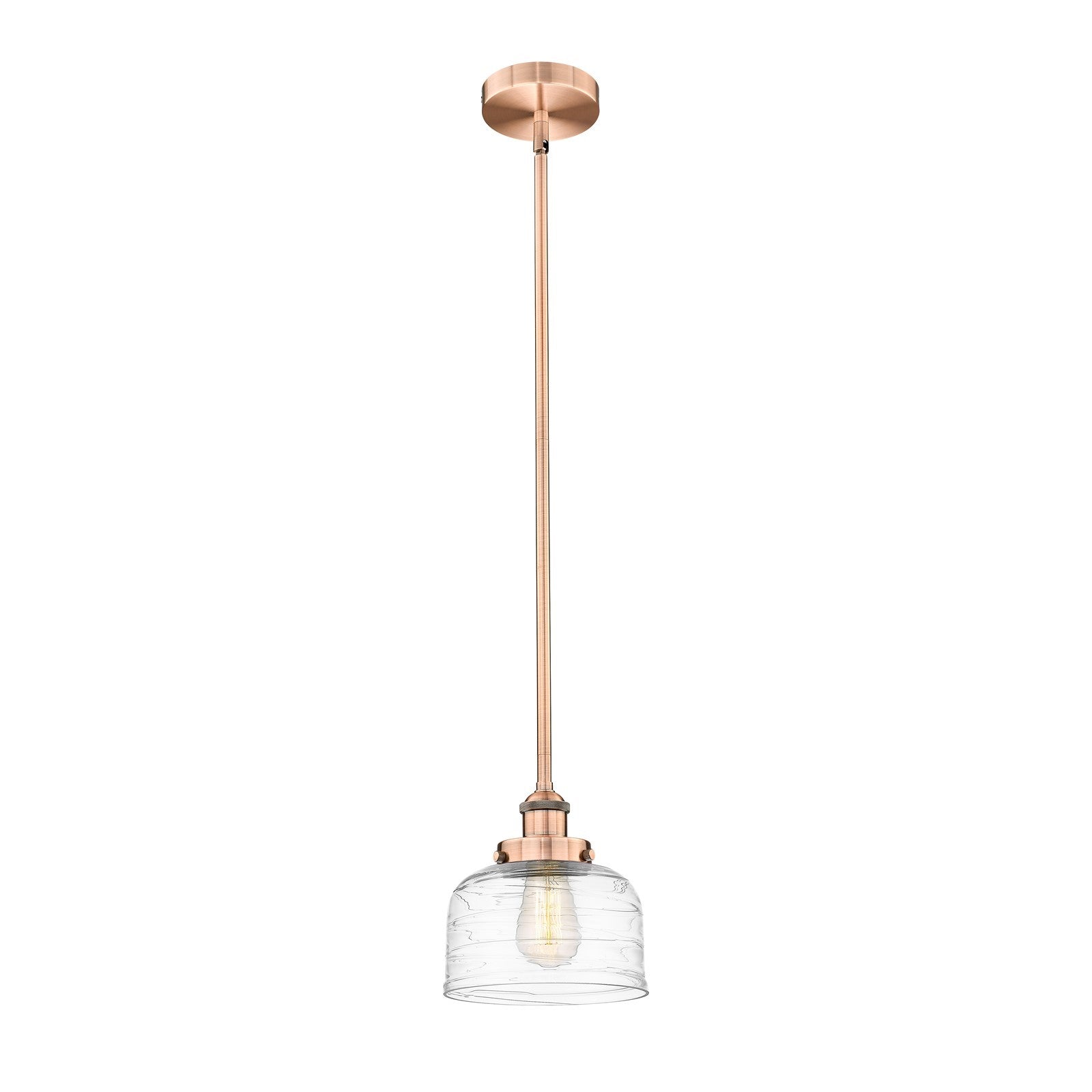 Innovations Bell 8in 1-Light Mini Pendant | Industrial Antique Copper Steel and Clear Deco Swirl Glass | Kitchen Island & | Model 616-1SH-AC-G713-LED