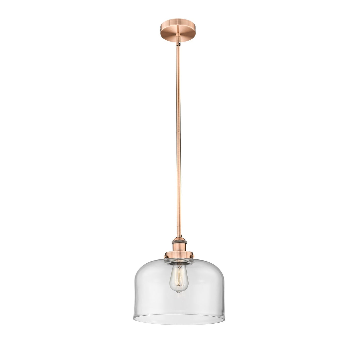 Innovations Bell 12in 1-Light Mini Pendant | Industrial Antique Copper Steel and Clear Glass | Kitchen Island & Dining Room | Model 616-1SH-AC-G72-L-LED