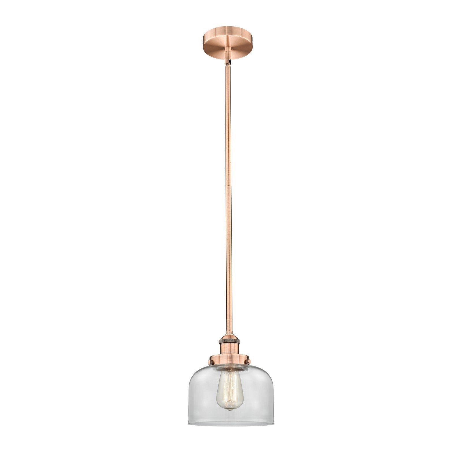 Innovations Bell 8in 1-Light Mini Pendant | Industrial Antique Copper Steel and Clear Glass | Kitchen Island & Dining Room | Model 616-1SH-AC-G72-LED
