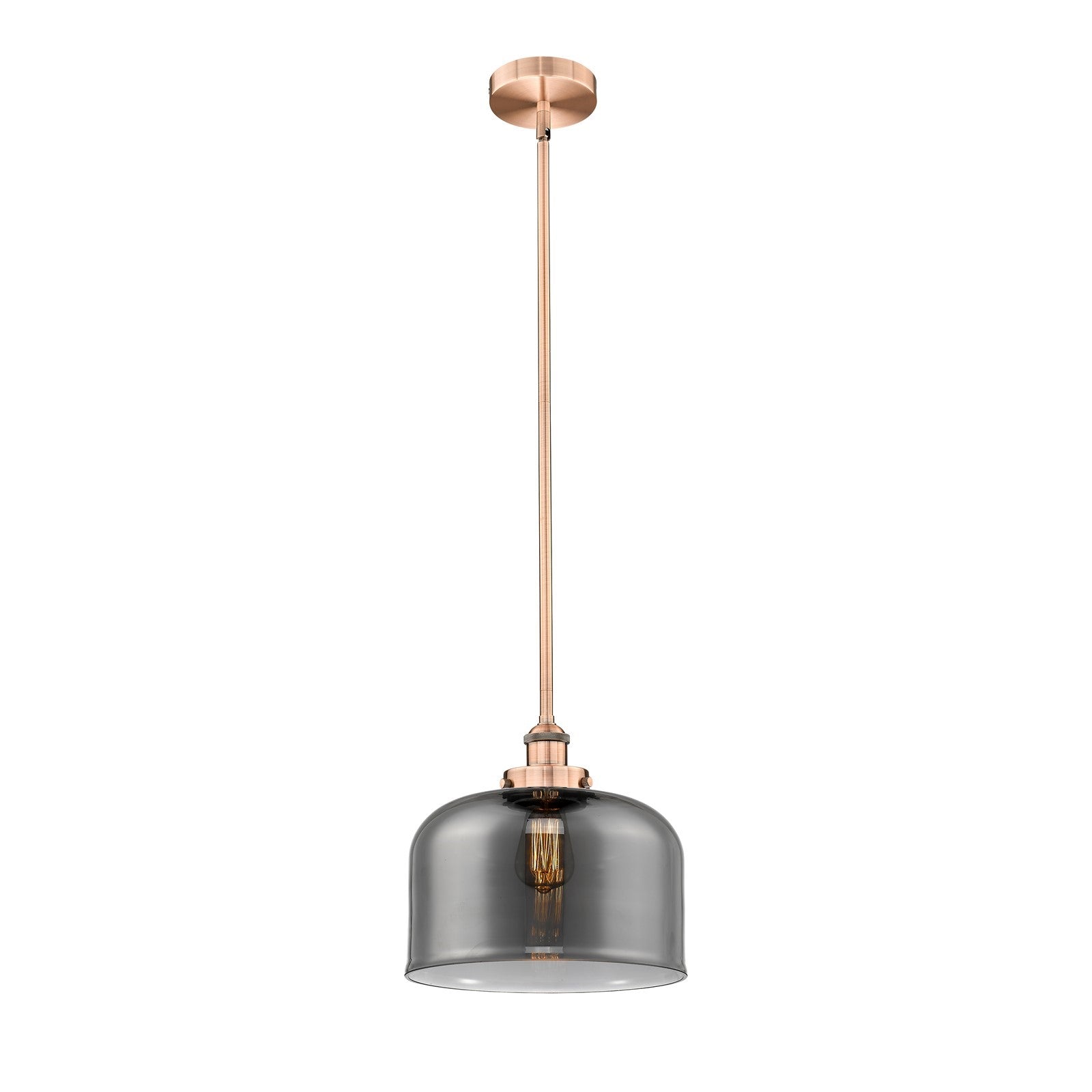 Innovations Bell 12in 1-Light Mini Pendant | Industrial Farmhouse Antique Copper and Light Smoke Glass | Kitchen Island & | Model 616-1SH-AC-G73-L-LED