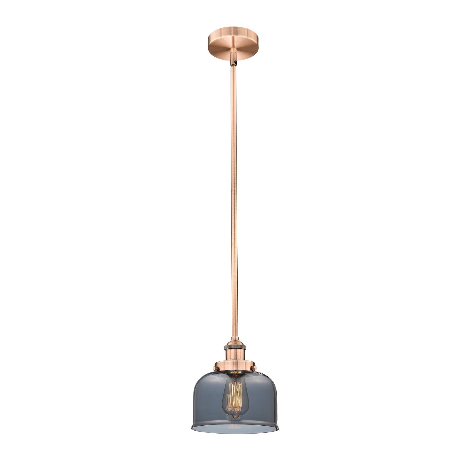 Innovations Bell 8in 1-Light Mini Pendant | Industrial Antique Copper Steel and Light Smoke Glass | Kitchen Island & Dining | Model 616-1SH-AC-G73-LED