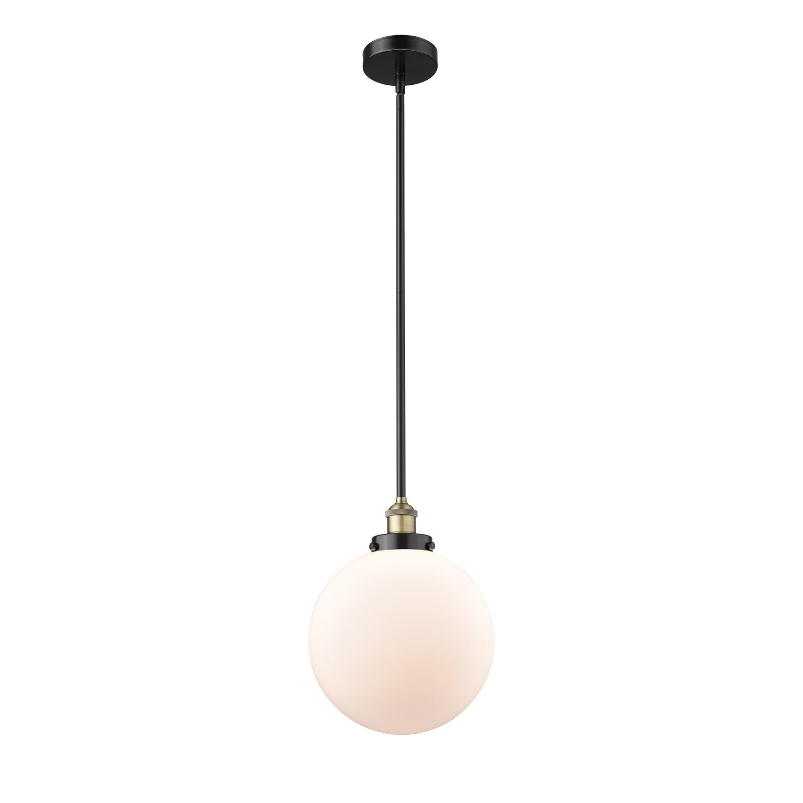 Innovations Beacon 12in 1-Light Mini Pendant | Industrial Black Antique Brass and Matte White Frosted Glass | Kitchen Island & | Model 616-1SH-BAB-G201-12