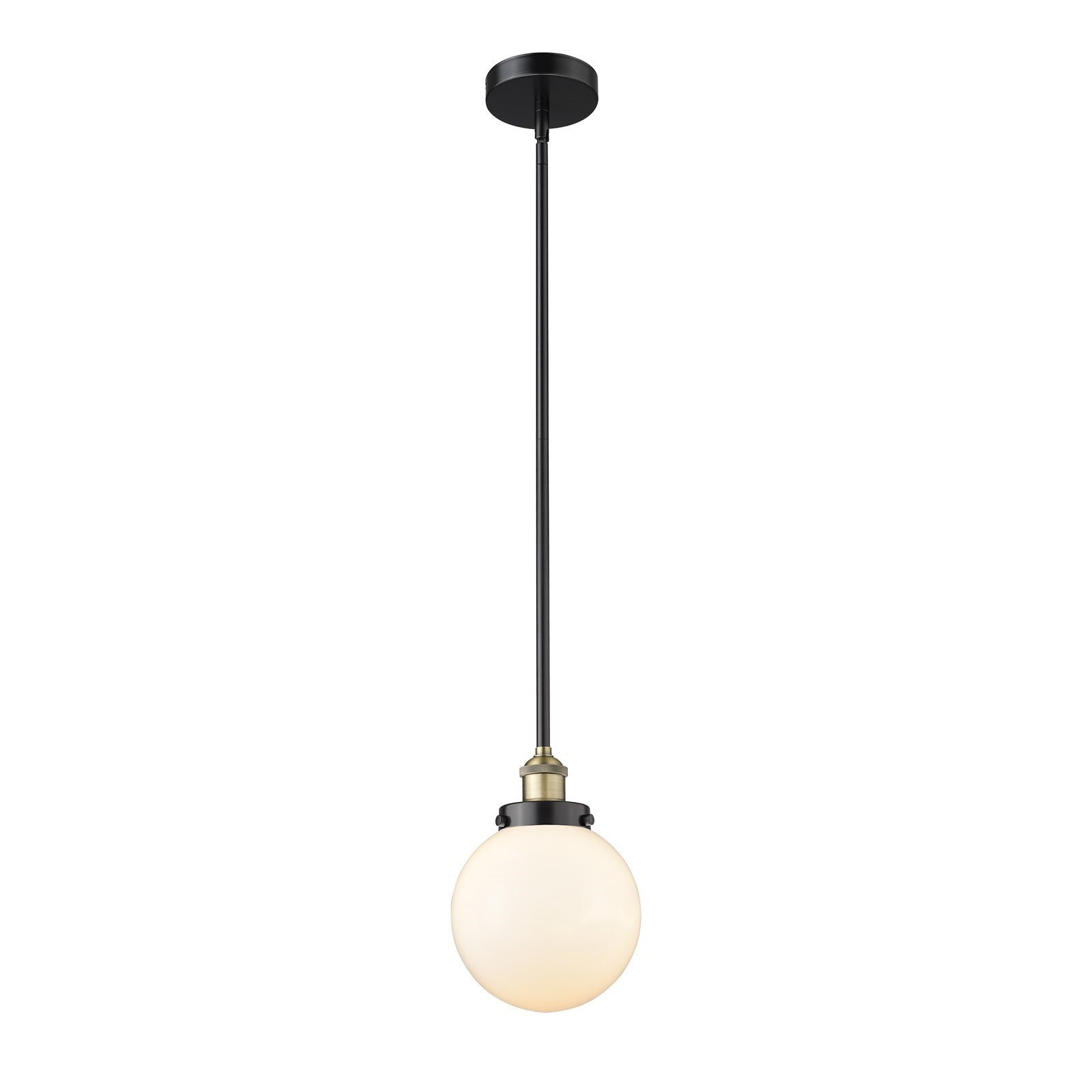Innovations Beacon 8in 1-Light Mini Pendant | Industrial Black Antique Brass and Matte White Frosted Glass | Kitchen Island & | Model 616-1SH-BAB-G201-8