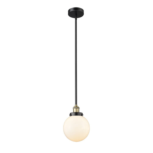Innovations Beacon 8in 1-Light Mini Pendant | Industrial Black Antique Brass and Matte White Frosted Glass | Kitchen Island & | Model 616-1SH-BAB-G201-8
