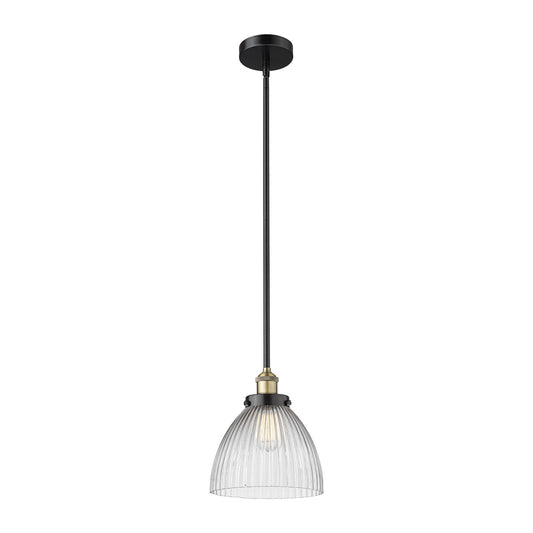 Innovations Seneca Falls 9.5in 1-Light Mini Pendant | Industrial Black Antique Brass and Clear Halophane Glass | Kitchen Island & | Model 616-1SH-BAB-G222