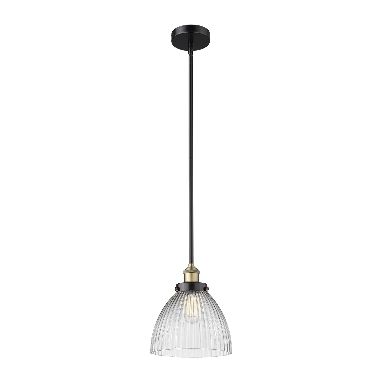 Innovations Seneca Falls 9.5in 1-Light Mini Pendant | Industrial Black Antique Brass and Clear Halophane Glass | Kitchen Island & | Model 616-1SH-BAB-G222