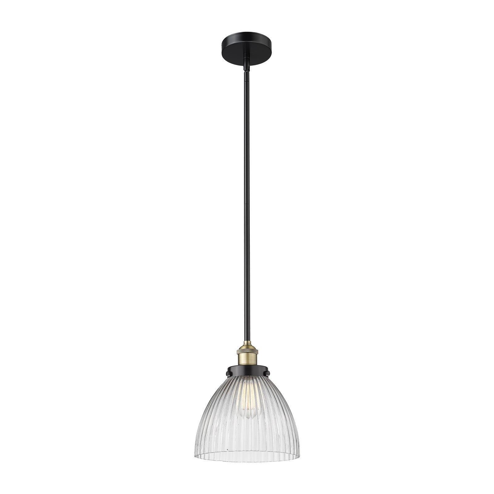 Innovations Seneca Falls 9.5in 1-Light Mini Pendant | Industrial Black Antique Brass and Clear Halophane Glass | Kitchen Island & | Model 616-1SH-BAB-G222