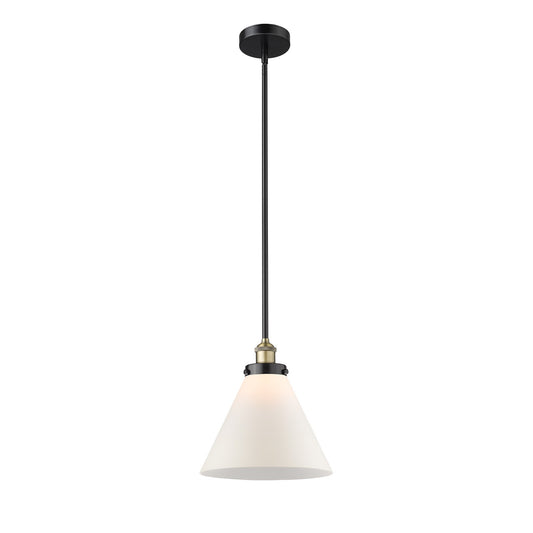 Innovations Cone 12in 1-Light Mini Pendant | Industrial Black Antique Brass Steel and Matte White Frosted Glass | Kitchen Island | Model 616-1SH-BAB-G41-L