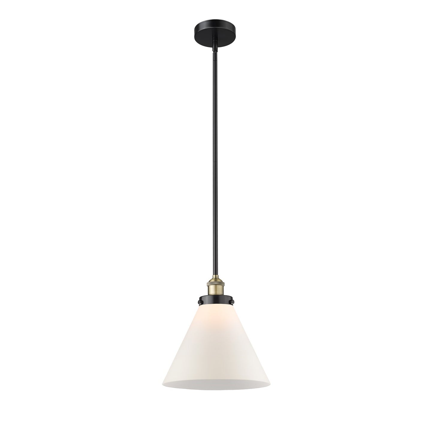 Innovations Cone 12in 1-Light Mini Pendant | Industrial Black Antique Brass Steel and Matte White Frosted Glass | Kitchen Island | Model 616-1SH-BAB-G41-L