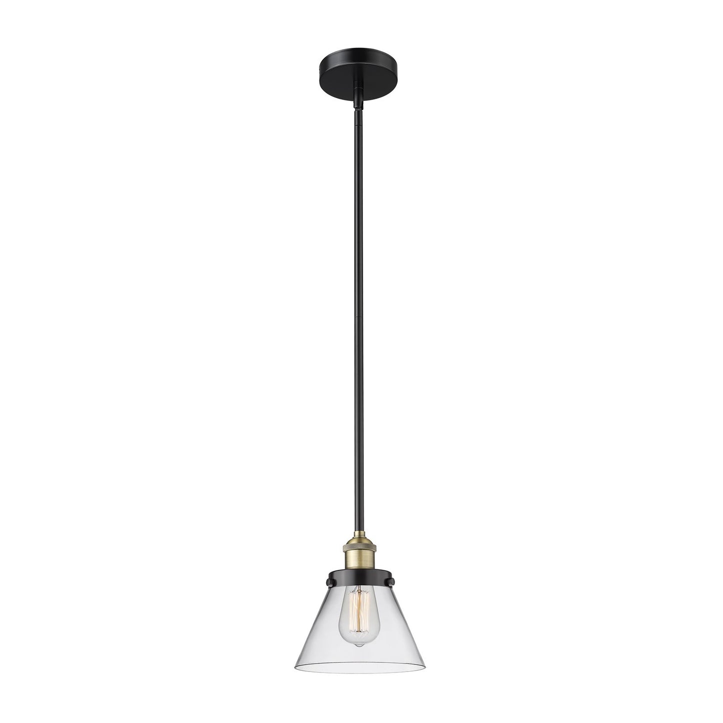 Innovations Cone 1-Light 7.75in Mini Pendant | Industrial Black Antique Brass Steel and Clear Glass | Kitchen Island & Dining Room | Model 616-1SH-BAB-G42