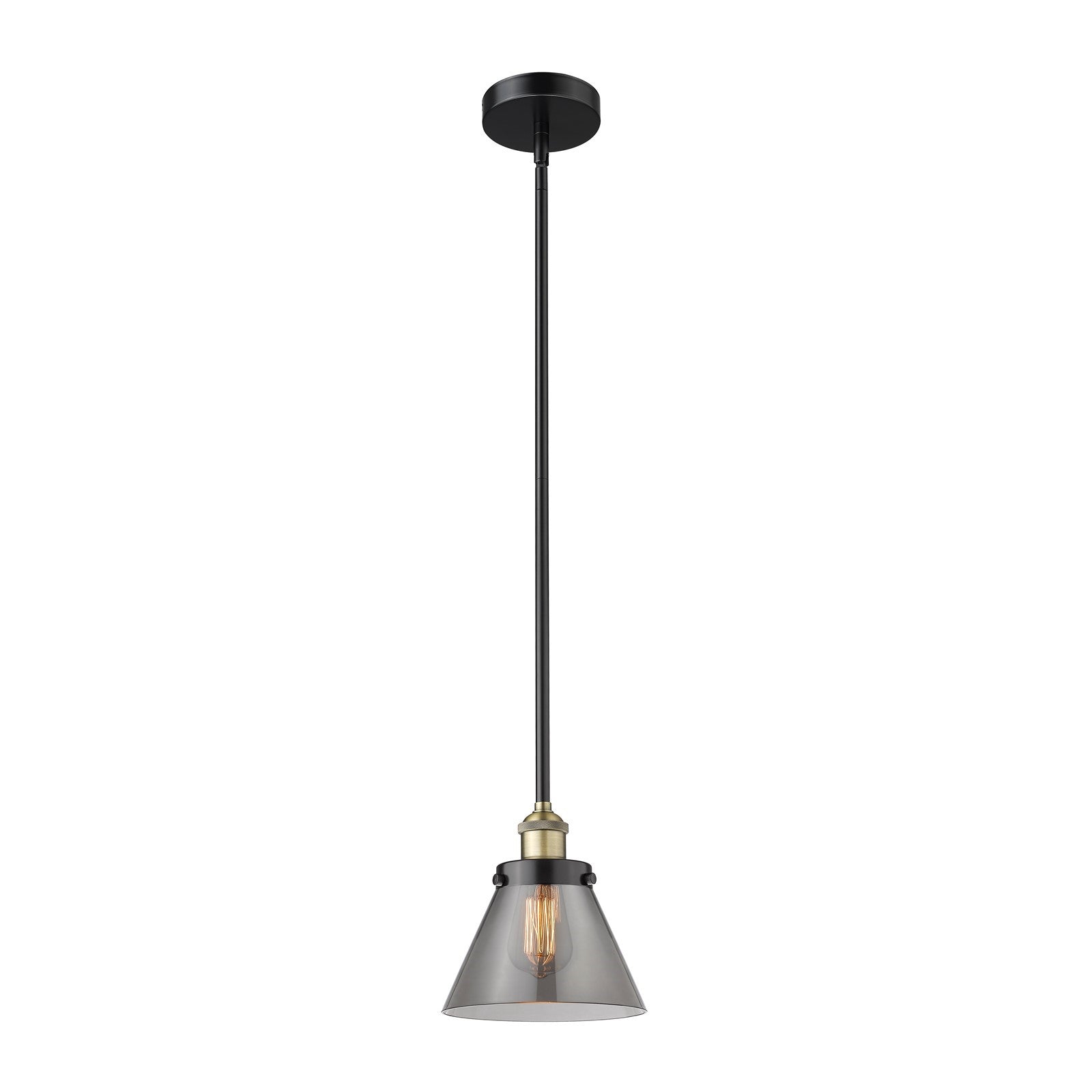 Innovations Cone 8in 1-Light Mini Pendant | Industrial Black Antique Brass and Light Smoke Glass | Kitchen Island & Dining Room | Model 616-1SH-BAB-G43