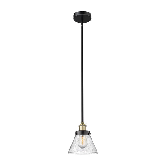 Innovations Cone 1-Light 7.75in Mini Pendant | Industrial Black Antique Brass Steel and Seedy Glass | Kitchen Island & Dining Room | Model 616-1SH-BAB-G44