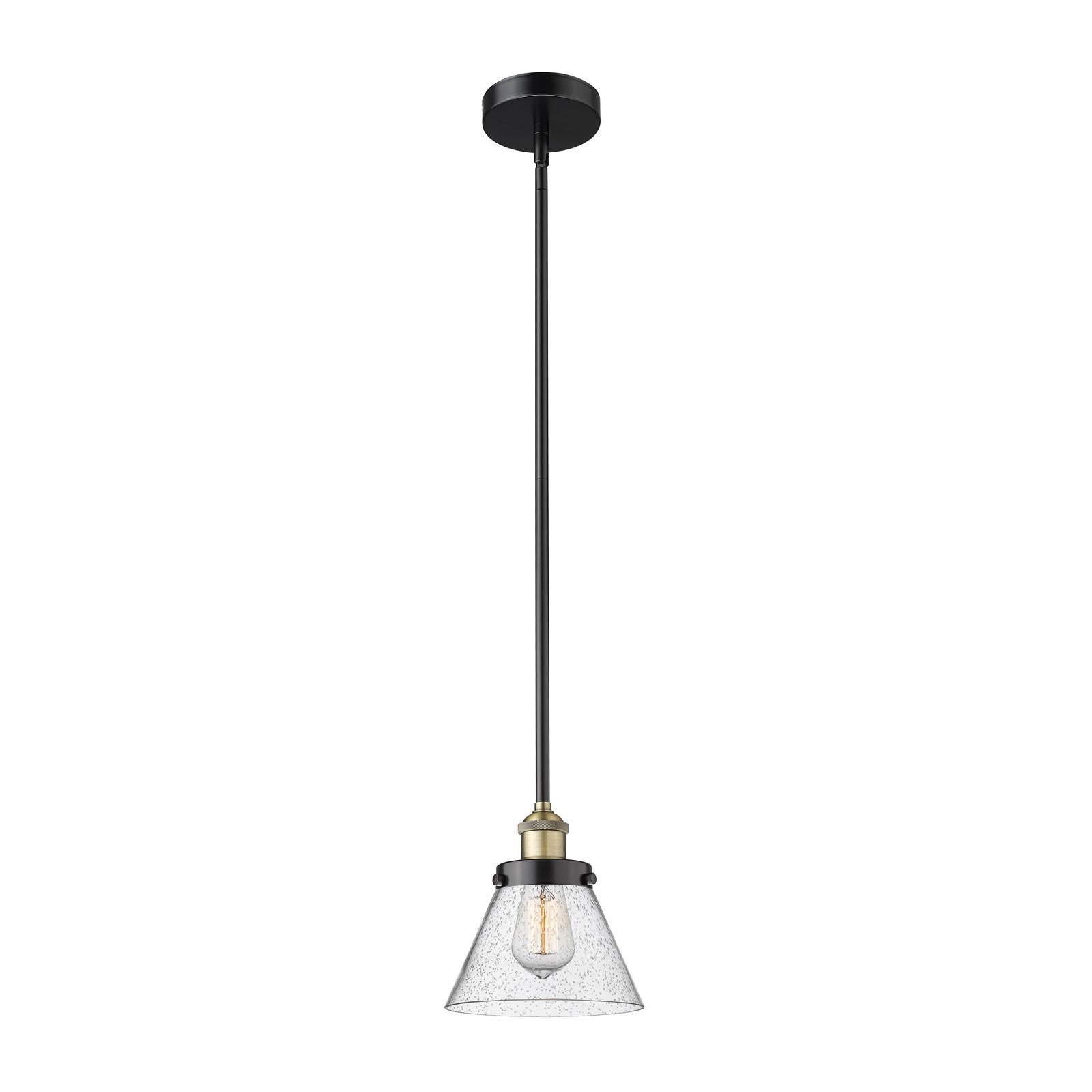 Innovations Cone 1-Light 7.75in Mini Pendant | Industrial Black Antique Brass Steel and Seedy Glass | Kitchen Island & Dining Room | Model 616-1SH-BAB-G44