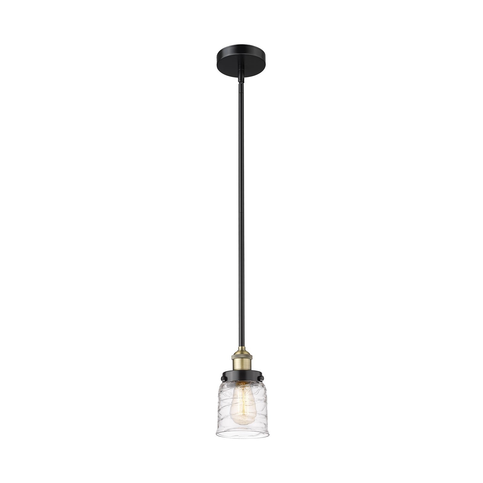 Innovations Bell 5in 1-Light Mini Pendant | Industrial Black Antique Brass Steel and Clear Deco Swirl Glass | Kitchen Island & | Model 616-1SH-BAB-G513