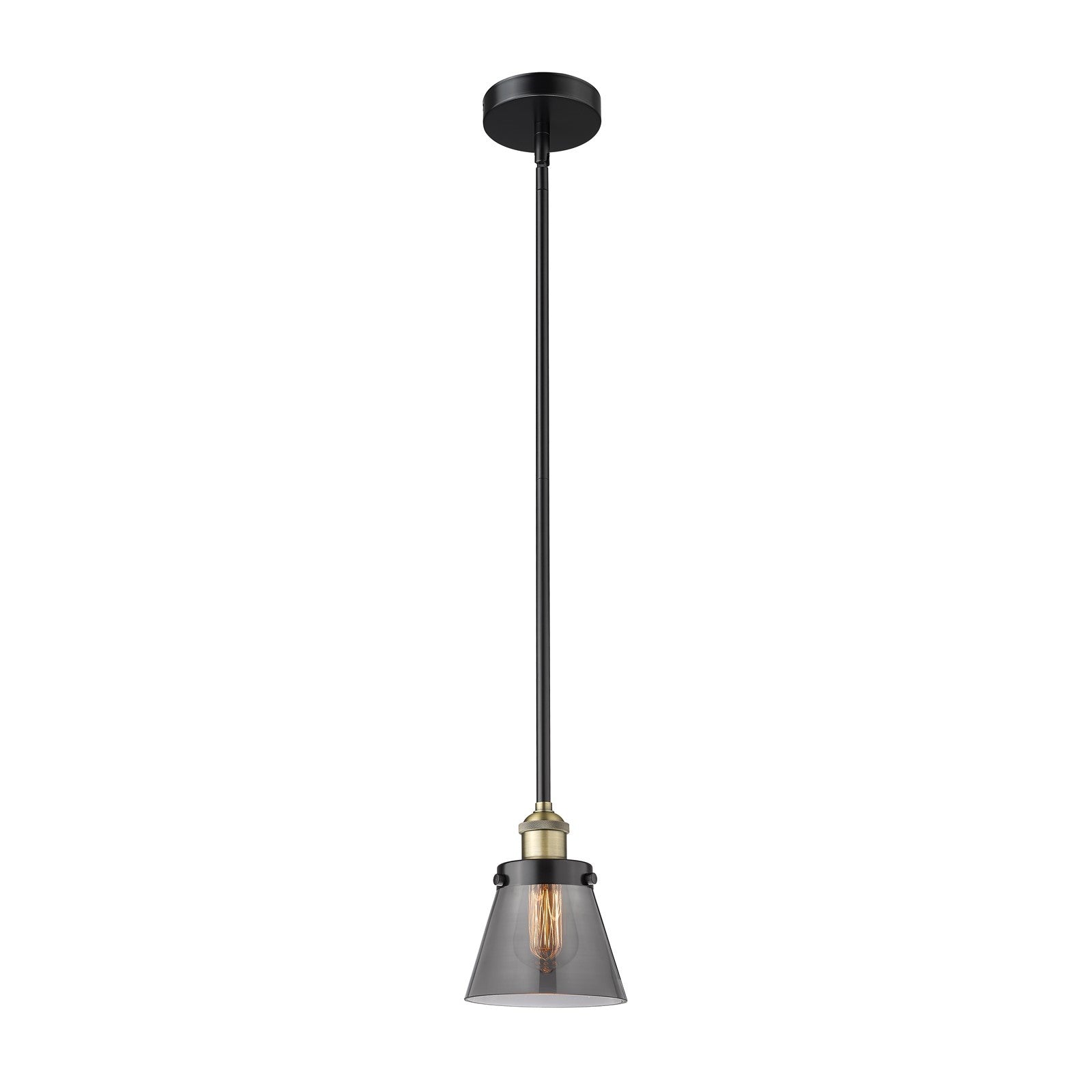Innovations Cone 6.25in 1-Light Mini Pendant | Industrial Black Antique Brass Steel and Light Smoke Glass | Kitchen Island & | Model 616-1SH-BAB-G63
