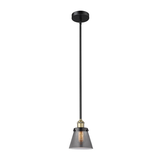 Innovations Cone 6.25in 1-Light Mini Pendant | Industrial Black Antique Brass Steel and Light Smoke Glass | Kitchen Island & | Model 616-1SH-BAB-G63