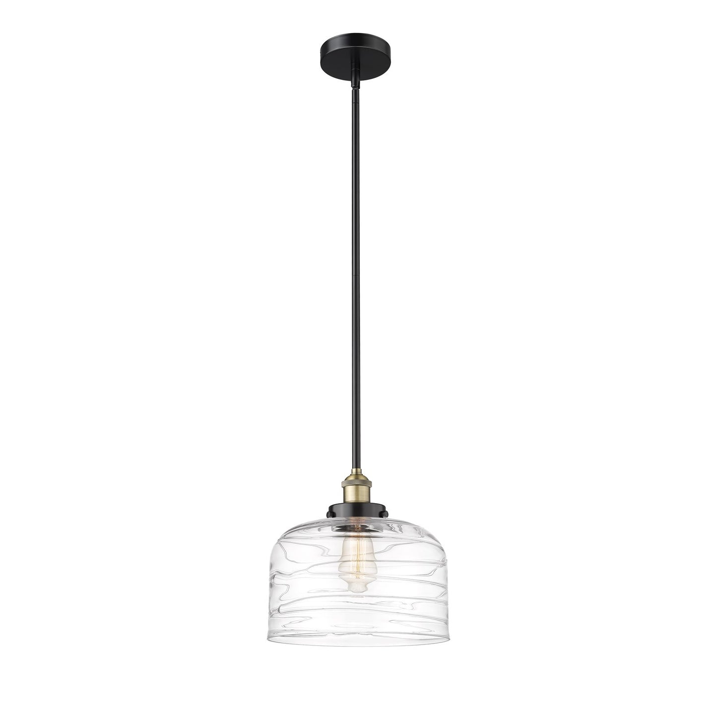 Innovations Bell 12in 1-Light Mini Pendant | Industrial Black Antique Brass and Clear Deco Swirl Glass | Kitchen Island & | Model 616-1SH-BAB-G713-L