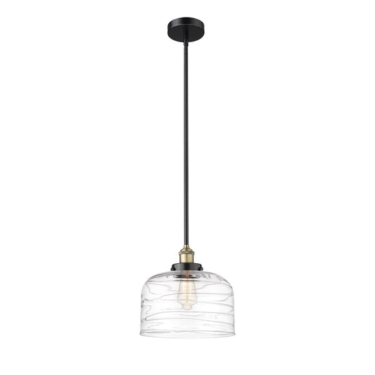 Innovations Bell 12in 1-Light Mini Pendant | Industrial Black Antique Brass and Clear Deco Swirl Glass | Kitchen Island & | Model 616-1SH-BAB-G713-L
