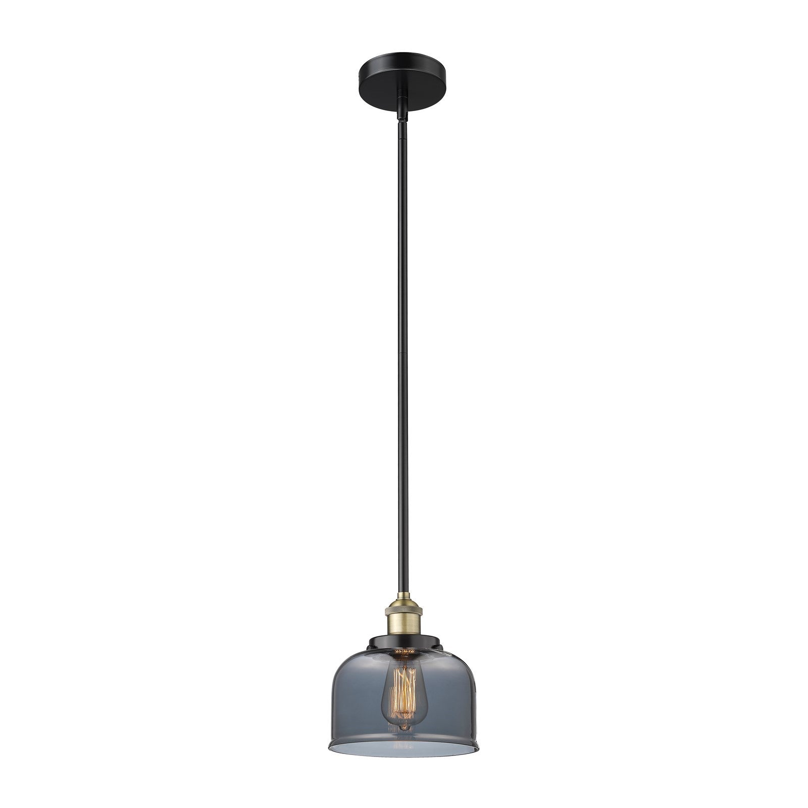 Innovations Bell 8in 1-Light Mini Pendant | Industrial Matte Black Steel and Antique Brass Light Smoke Glass | Kitchen Island & | Model 616-1SH-BAB-G73