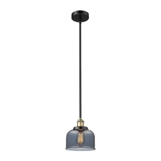 Innovations Bell 8in 1-Light Mini Pendant | Industrial Matte Black Steel and Antique Brass Light Smoke Glass | Kitchen Island & | Model 616-1SH-BAB-G73