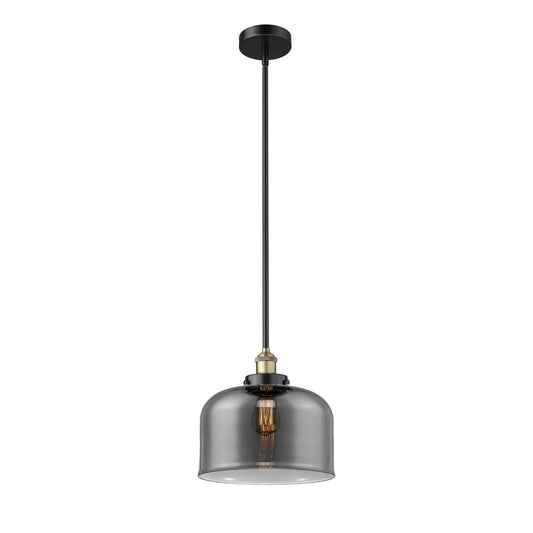 Innovations Bell 12in 1-Light Mini Pendant | Industrial Black Antique Brass Steel and Light Smoke Glass | Kitchen Island & | Model 616-1SH-BAB-G73-L