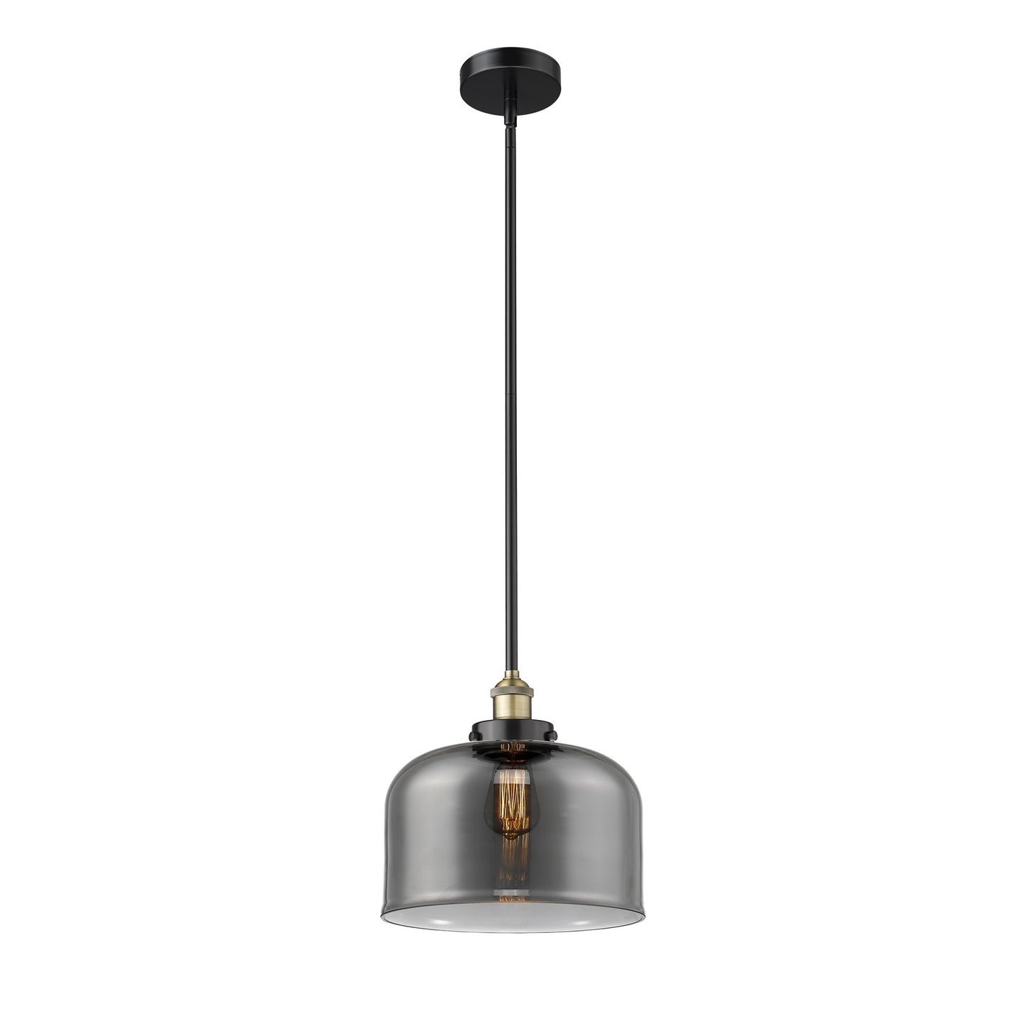 Innovations Bell 12in 1-Light Mini Pendant | Industrial Black Antique Brass Steel and Light Smoke Glass | Kitchen Island & | Model 616-1SH-BAB-G73-L