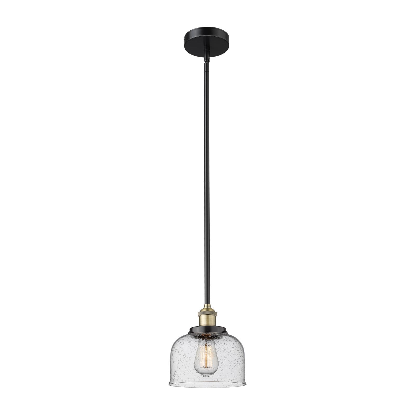 Innovations Bell 8in 1-Light Mini Pendant | Industrial Black Antique Brass Steel and Seedy Glass | Kitchen Island & Dining Room | Model 616-1SH-BAB-G74
