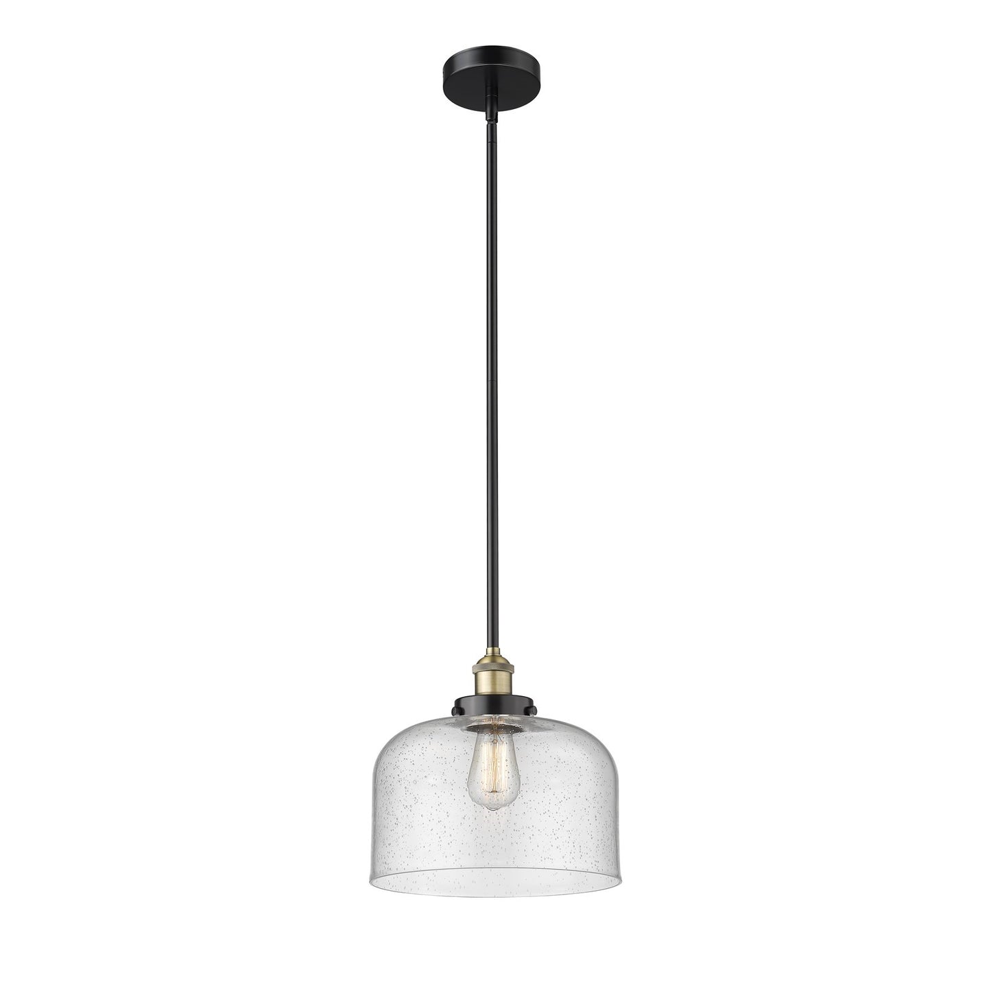 Innovations Bell 12in 1-Light Mini Pendant | Industrial Black Antique Brass Steel and Seedy Glass | Kitchen Island & Dining Room | Model 616-1SH-BAB-G74-L