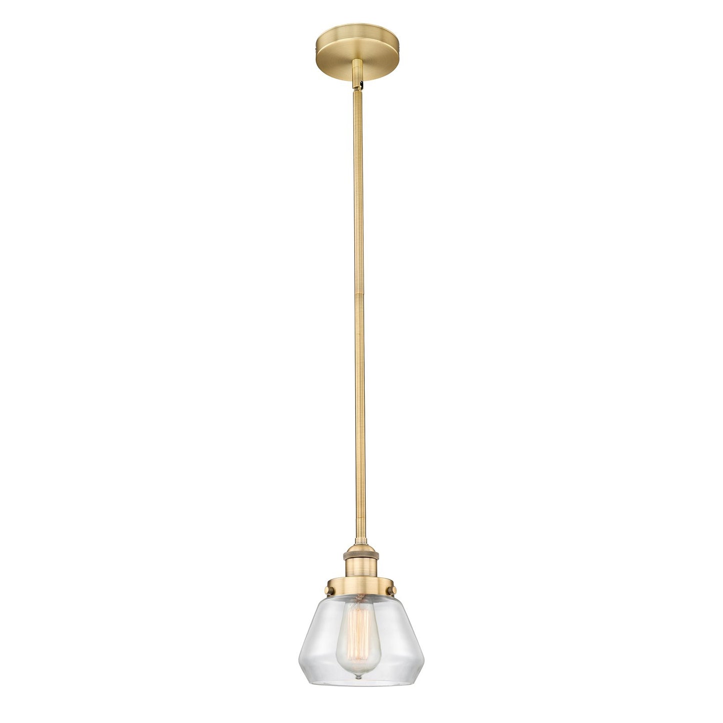 Innovations Fulton 7in 1-Light Mini Pendant | Industrial Brushed Brass Steel and Clear Glass | Kitchen Island & Dining Room | 7 x | Model 616-1SH-BB-G172