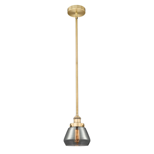 Innovations Lighting Fulton 7in 1-Light Mini Pendant | Industrial Farmhouse Brushed Brass and Light Smoke Glass | Kitchen Island & | Model 616-1SH-BB-G173