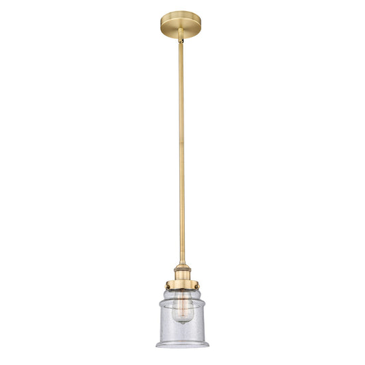 Innovations Canton 6in 1-Light Mini Pendant | Industrial Brushed Brass Steel and Seedy Glass | Kitchen Island & Dining Room | Model 616-1SH-BB-G184-LED