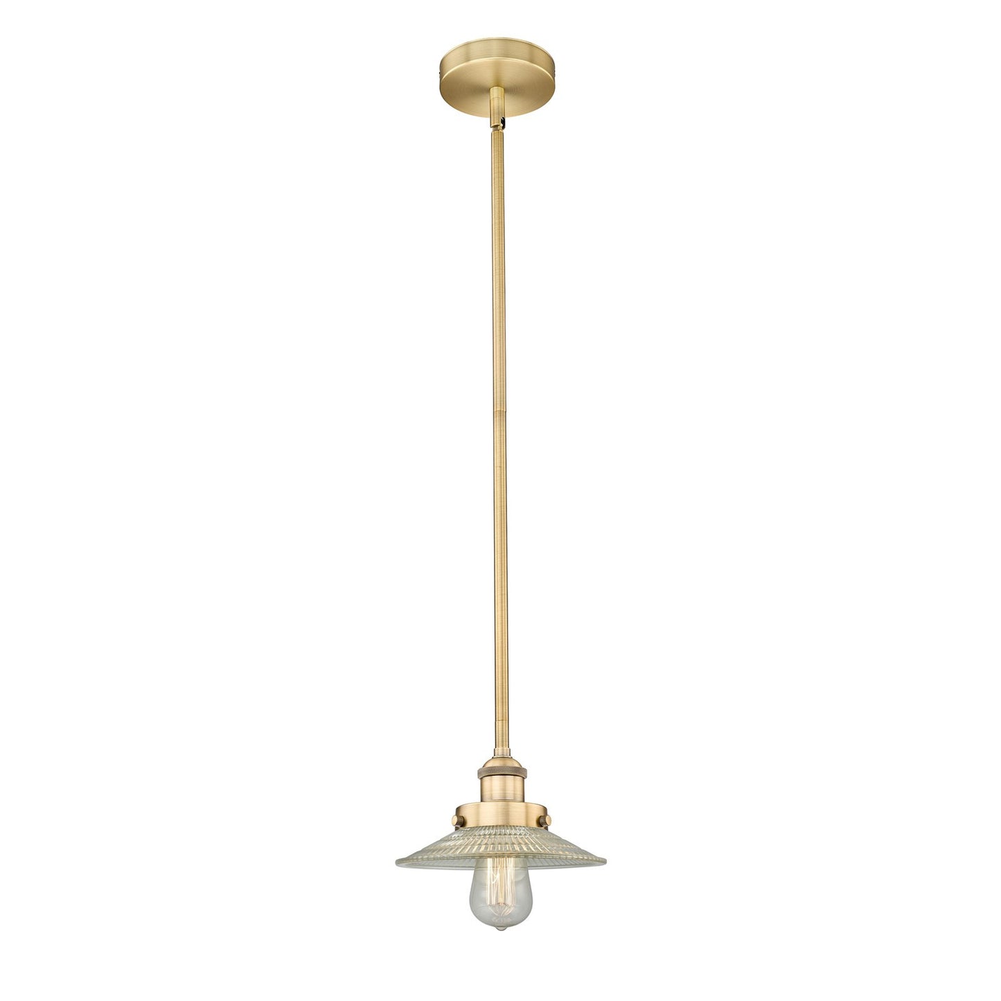 Innovations Halophane 9in 1-Light Mini Pendant | Industrial Brushed Brass Steel and Clear Halophane Glass | Kitchen Island & Dining | Model 616-1SH-BB-G2