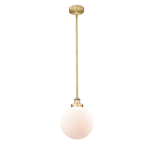 Innovations Beacon 10in 1-Light Mini Pendant | Industrial Brushed Brass Steel and Matte White Frosted Glass | Kitchen | Model 616-1SH-BB-G201-10-LED