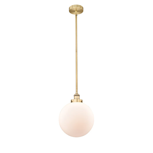 Innovations Beacon 12in 1-Light Mini Pendant | Industrial Brushed Brass Steel and Matte White Frosted Glass | Kitchen | Model 616-1SH-BB-G201-12-LED
