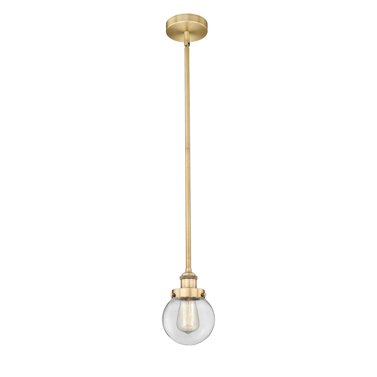 Innovations Beacon 6in 1-Light Mini Pendant | Industrial Brushed Brass and Clear Glass | Kitchen Island & Dining Room | Damp | Model 616-1SH-BB-G202-6