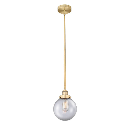 Innovations Beacon 8in 1-Light Mini Pendant | Industrial Brushed Brass Steel and Clear Glass | Kitchen Island & Dining Room | 8 | Model 616-1SH-BB-G202-8