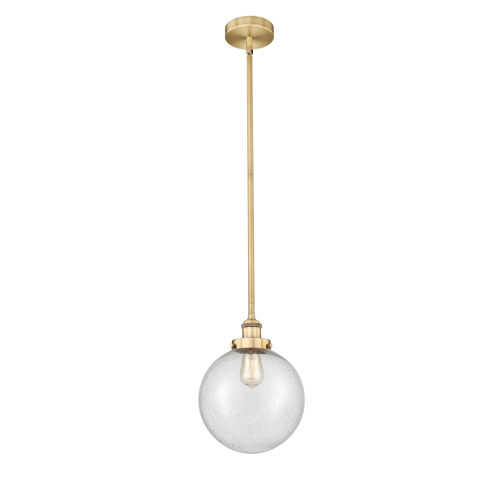 Innovations Beacon 10in 1-Light Mini Pendant | Industrial Brushed Brass Steel and Seedy Glass | Kitchen Island & Dining Room | Model 616-1SH-BB-G204-10