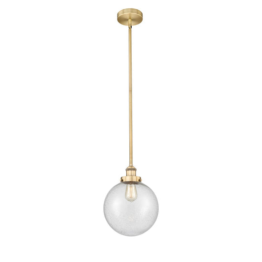 Innovations Beacon 10in 1-Light Mini Pendant | Industrial Brushed Brass Steel and Seedy Glass | Kitchen Island & Dining | Model 616-1SH-BB-G204-10-LED