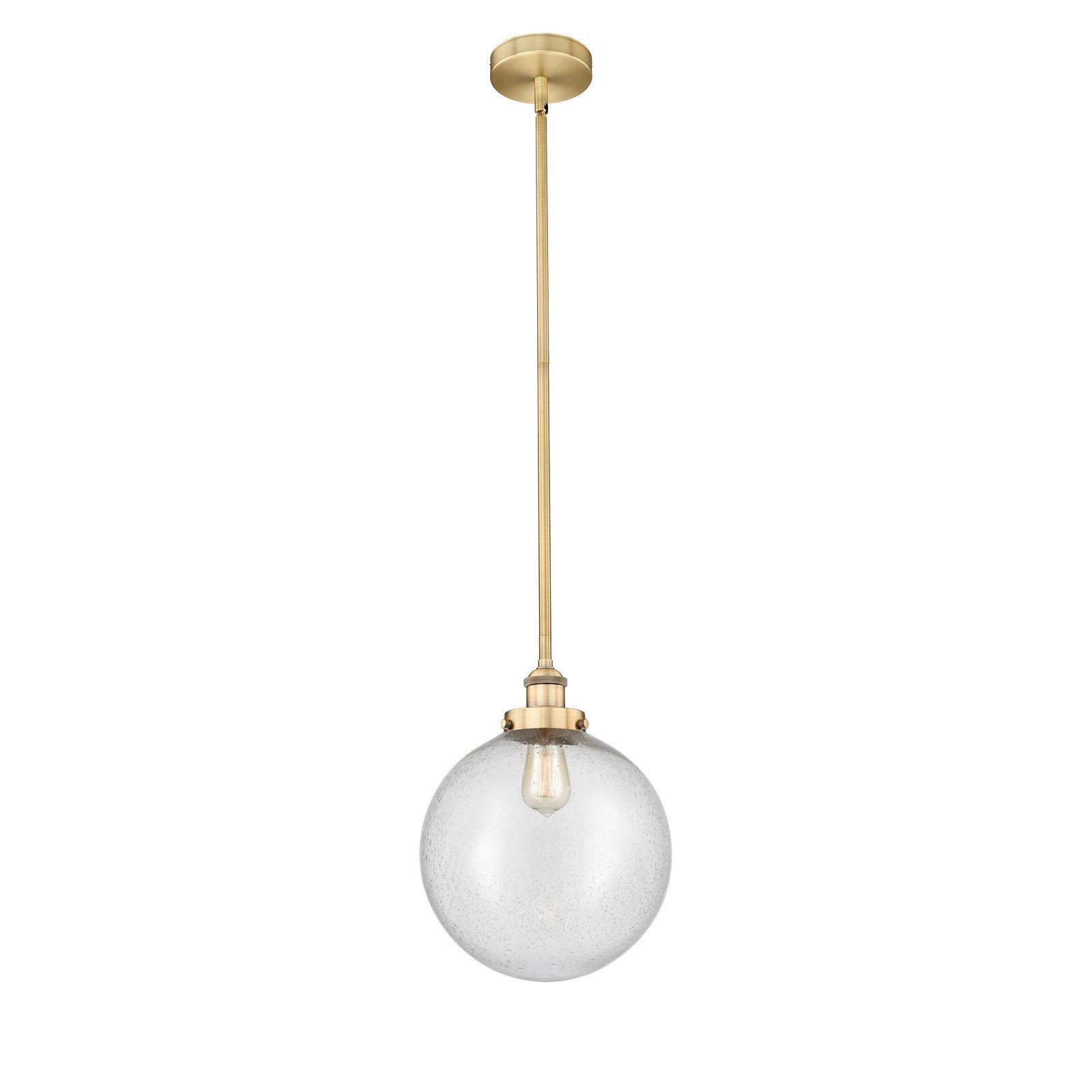 Innovations Beacon 12in 1-Light Mini Pendant | Industrial Brushed Brass Steel and Seedy Glass | Kitchen Island & Dining | Model 616-1SH-BB-G204-12-LED